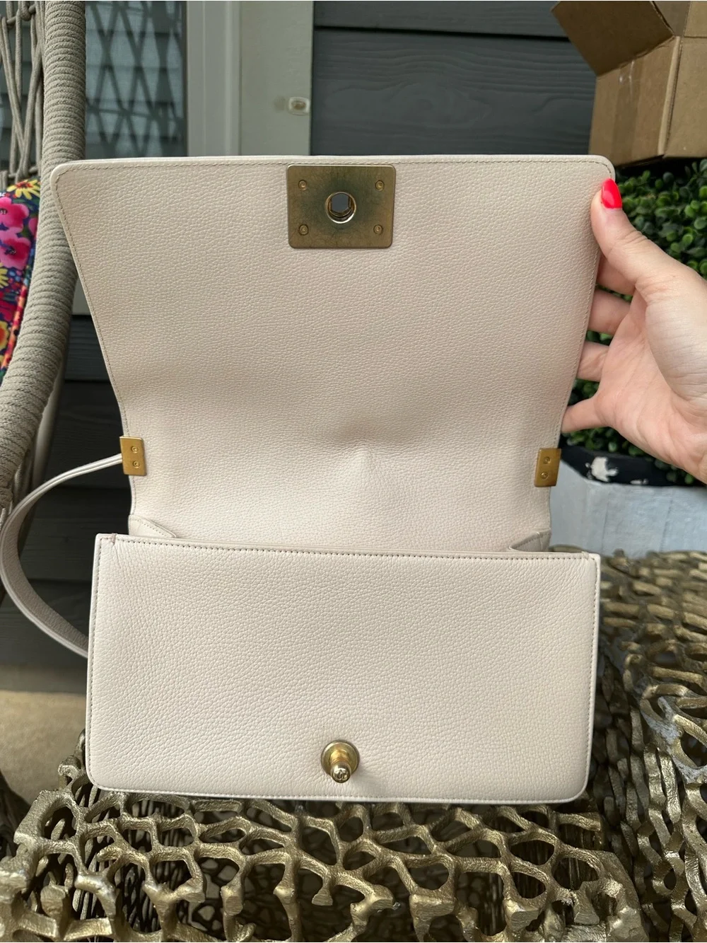 CHANEL Pink & Cream Tweed Boy Shoulder Bag with Gold Hardware
